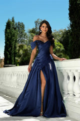 Elegant Dark Navy Off-The-Shoulder Satin Prom Dresses A-Line High Split Beads With Lace-Up Back