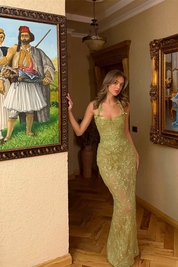 Romantic Green Sweetheart Halter Sleeveless Prom Dresses Mermaid Column With Appliques Beads