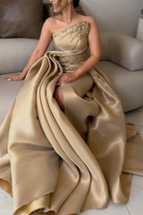 Luxury Asymmetrical Strapless Sleeveless Satin Prom Dresses A-Line Slit Gem With Zipper Pleats