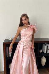 Charming Pink One Shoulder Sleeveless Satin Mermaid Prom Dresses Detachable Skirt With Bow Knot