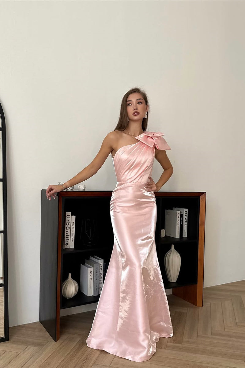 Charming Pink One Shoulder Sleeveless Satin Mermaid Prom Dresses Detachable Skirt With Bow Knot