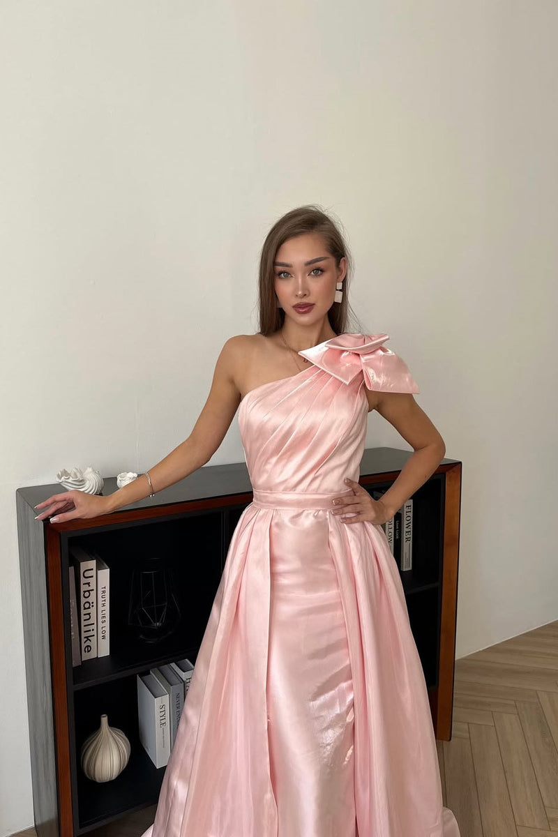 Charming Pink One Shoulder Sleeveless Satin Mermaid Prom Dresses Detachable Skirt With Bow Knot