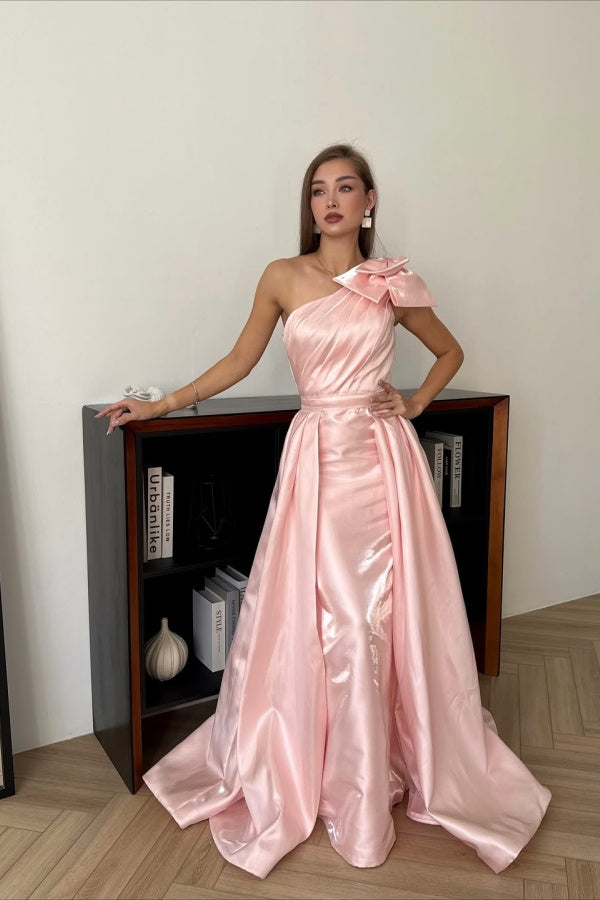 Charming Pink One Shoulder Sleeveless Satin Mermaid Prom Dresses Detachable Skirt With Bow Knot