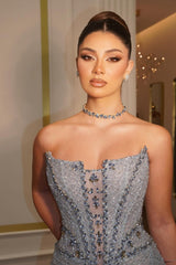 Luxury Strapless Sleeveless Mermaid Prom Dresses Column Gem With Lace-Up Back