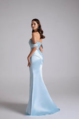 Glamorous Sky Blue Off-The-Shoulder Satin Mermaid Prom Dress Beading With Zipper