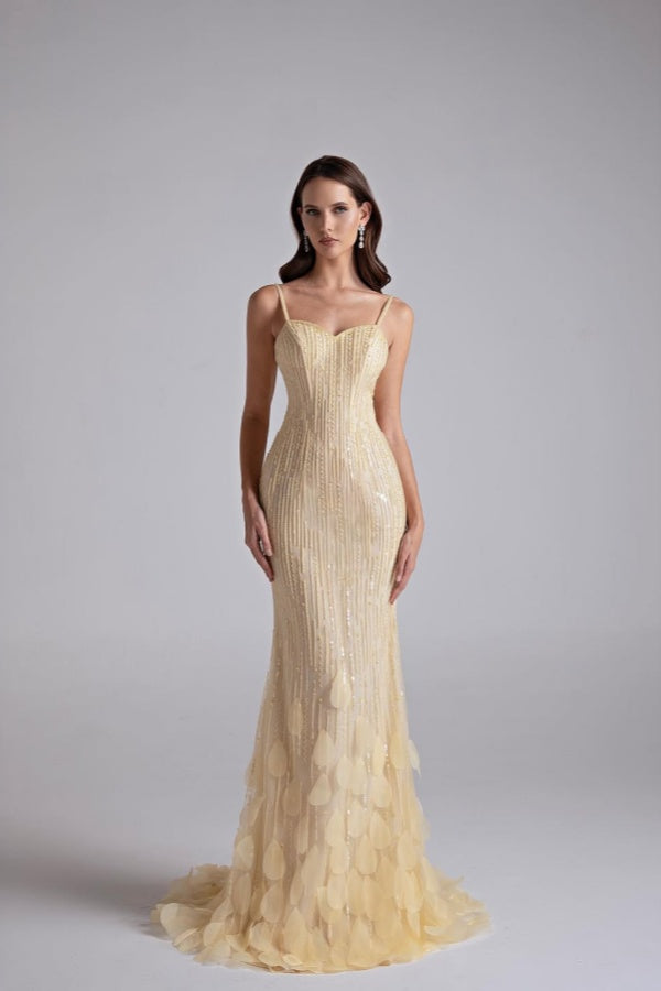 Sparkling Daffodil Spaghetti-Strap Sleeveless Prom Dress Mermaid Beading With Zipper