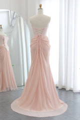 Shining Pink Strapless Sleeveless Chiffon Prom Dresses Long Beads With Lace-Up Back Pleats