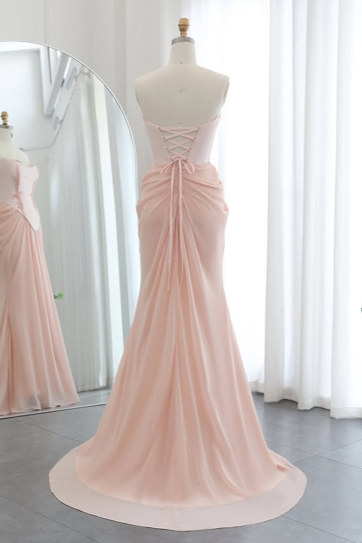 Shining Pink Strapless Sleeveless Chiffon Prom Dresses Long Beads With Lace-Up Back Pleats