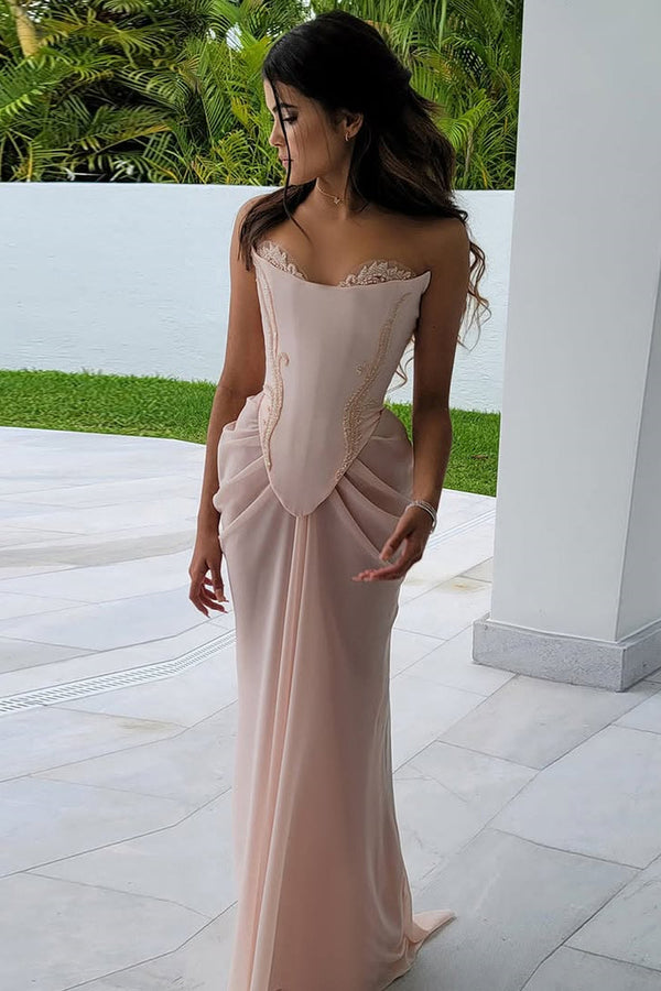 Shining Pink Strapless Sleeveless Chiffon Prom Dresses Long Beads With Lace-Up Back Pleats