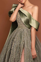 Luxury Moss Asymmetrical A-Line Prom Dresses High Split Gem Beads With Ruffle
