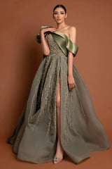 Luxury Moss Asymmetrical A-Line Prom Dresses High Split Gem Beads With Ruffle