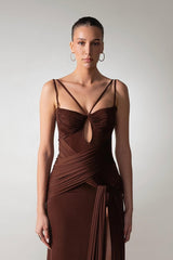 Charming Chocolate Spaghetti-Strap Sleeveless Satin Prom Dress Side Split With Pleats Zipper