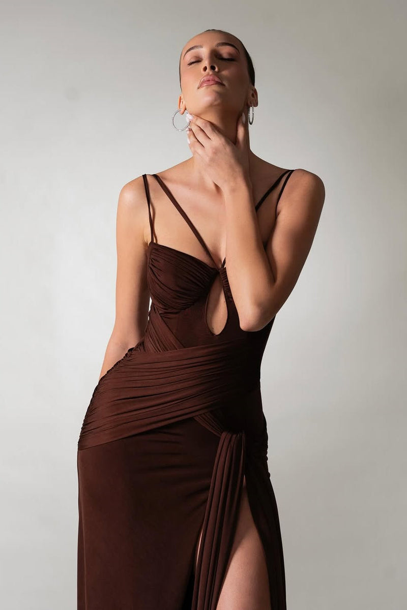 Charming Chocolate Spaghetti-Strap Sleeveless Satin Prom Dress Side Split With Pleats Zipper