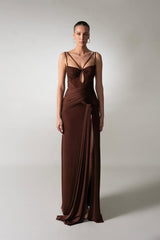 Charming Chocolate Spaghetti-Strap Sleeveless Satin Prom Dress Side Split With Pleats Zipper