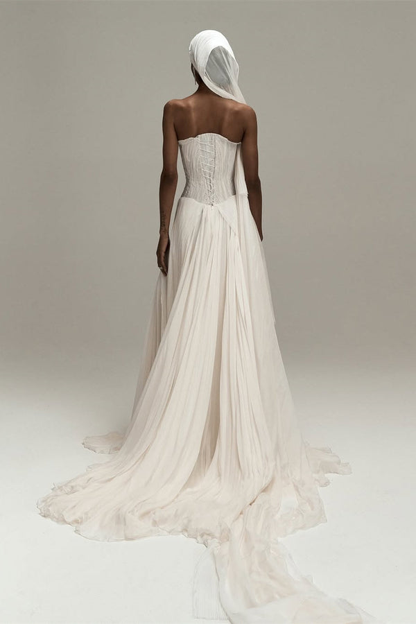 Timeless Strapless Sleeveless Chiffon Prom Dresses A-Line Lace-Up Back With Pleats