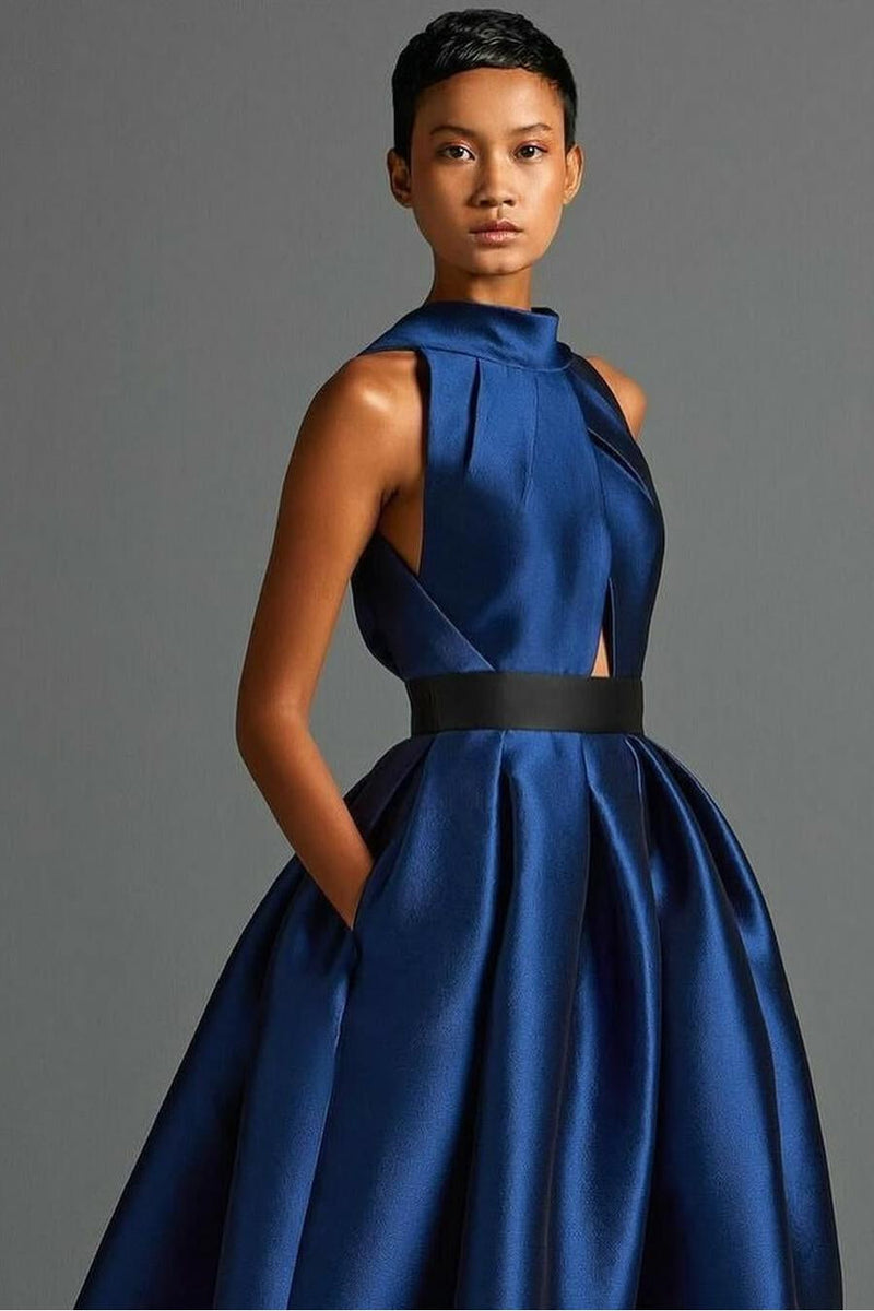 Romantic Dark Navy Halter Sleeveless Satin Prom Dresses A-Line Long With Pleats