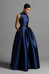 Romantic Dark Navy Halter Sleeveless Satin Prom Dresses A-Line Long With Pleats