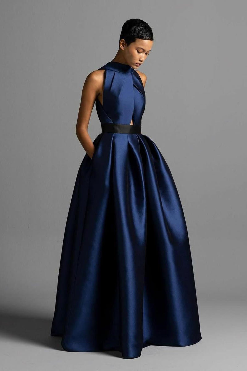Romantic Dark Navy Halter Sleeveless Satin Prom Dresses A-Line Long With Pleats