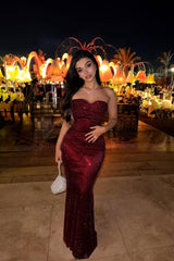 Sparkling Burgundy Sweetheart Strapless Sleeveless Sequins Prom Dress Mermaid Column On Sale