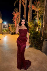Sparkling Burgundy Sweetheart Strapless Sleeveless Sequins Prom Dress Mermaid Column On Sale