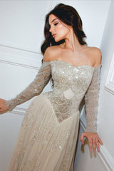 Shining Sweetheart Long Sleeves Tulle Prom Dress A-Line Sequins Beads With Pleats