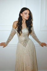 Shining Sweetheart Long Sleeves Tulle Prom Dress A-Line Sequins Beads With Pleats