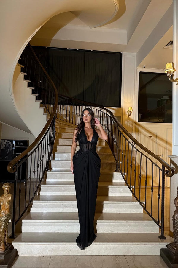 Timeless Black Halter Sleeveless V-Neck Prom Dresses Mermaid Long With Pleats