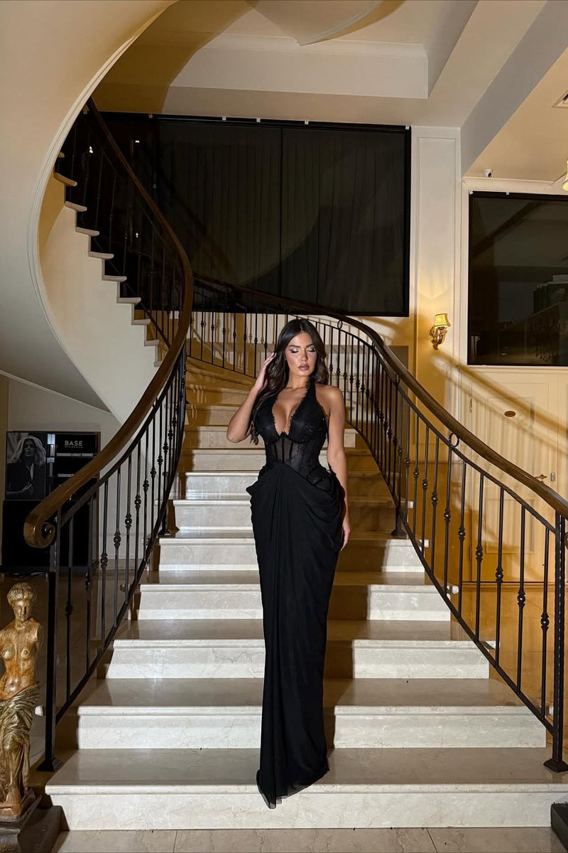 Timeless Black Halter Sleeveless V-Neck Prom Dresses Mermaid Long With Pleats