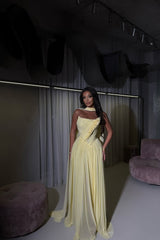 Dreamy Daffodil Strapless Sleeveless Chiffon Prom Dresses A-Line Long With Pleats
