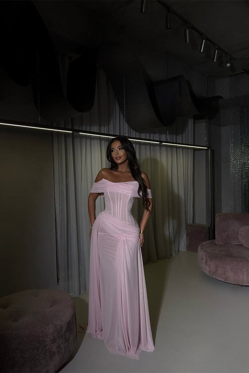 Charming Pink Off-The-Shoulder Chiffon Prom Dresses Mermaid Sheath With Ruffle Pleats