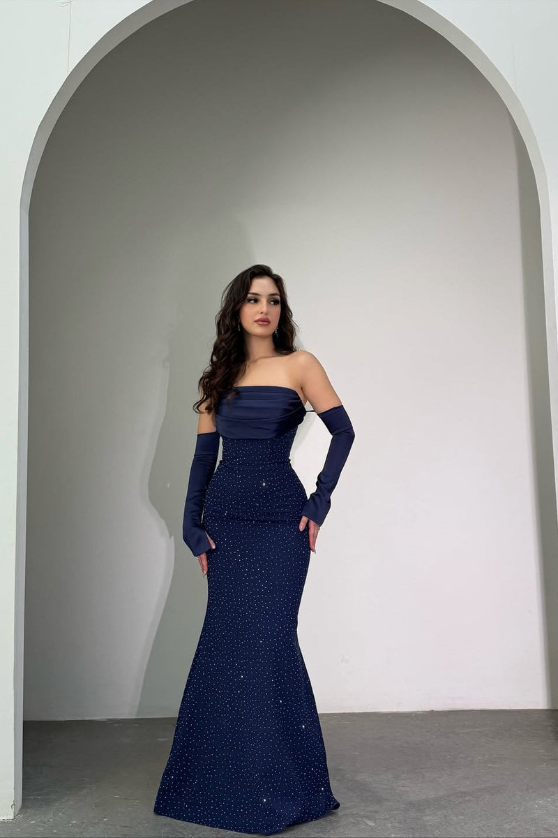 Classy Dark Navy Strapless Mermaid Prom Dress Detachable Sleeves With Beads Zipper