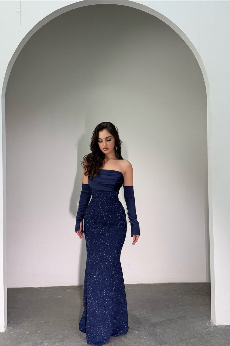 Classy Dark Navy Strapless Mermaid Prom Dress Detachable Sleeves With Beads Zipper