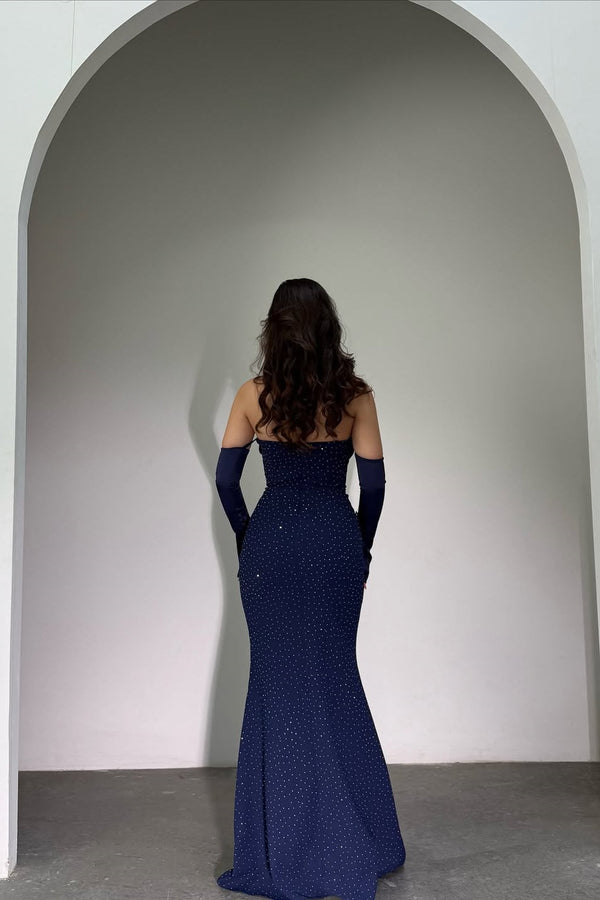 Classy Dark Navy Strapless Mermaid Prom Dress Detachable Sleeves With Beads Zipper