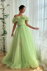 Dreamy Green Off-The-Shoulder Tulle Prom Dresses A-Line High Split With Flower