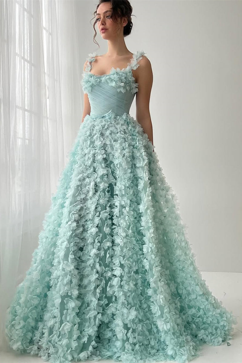 Romantic Straps Sleeveless A-Line Prom Dresses Long Pearl With Flower