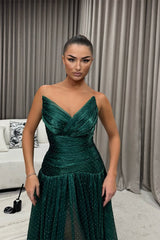 Glamorous Dark Green Strapless Sleeveless V-Neck Prom Dress A-Line Long With Pleats
