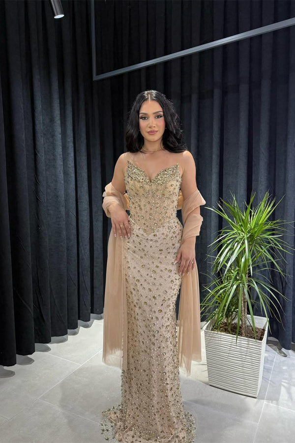 Timeless Strapless Sleeveless V-Neck Prom Dresses Mermaid Gem Column On Sale