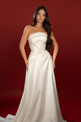 Charming Strapless Sleeveless A-Line Prom Dresses Pearls Long On Sale