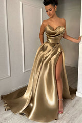 Luxury Sweetheart Strapless Sleeveless Satin Prom Dresses A-Line High Split With Pleats