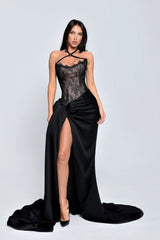 Charming Black Asymmetrical Halter Sleeveless Satin Lace Prom Dresses High Split With Pleats