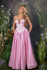 Glamorous Pink V-Neck Strapless Sleeveless Satin Prom Dresses A-Line With Beads Pleats