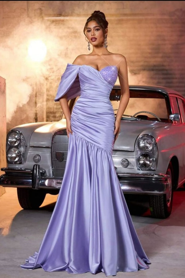 Luxury Lavender Sweetheart One Shoulder Satin Prom Dresses Column Beads With Pleats