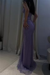 Romantic Lilac V-Neck Strapless Sleeveless Prom Dress Mermaid High Split With Lace-Up Back