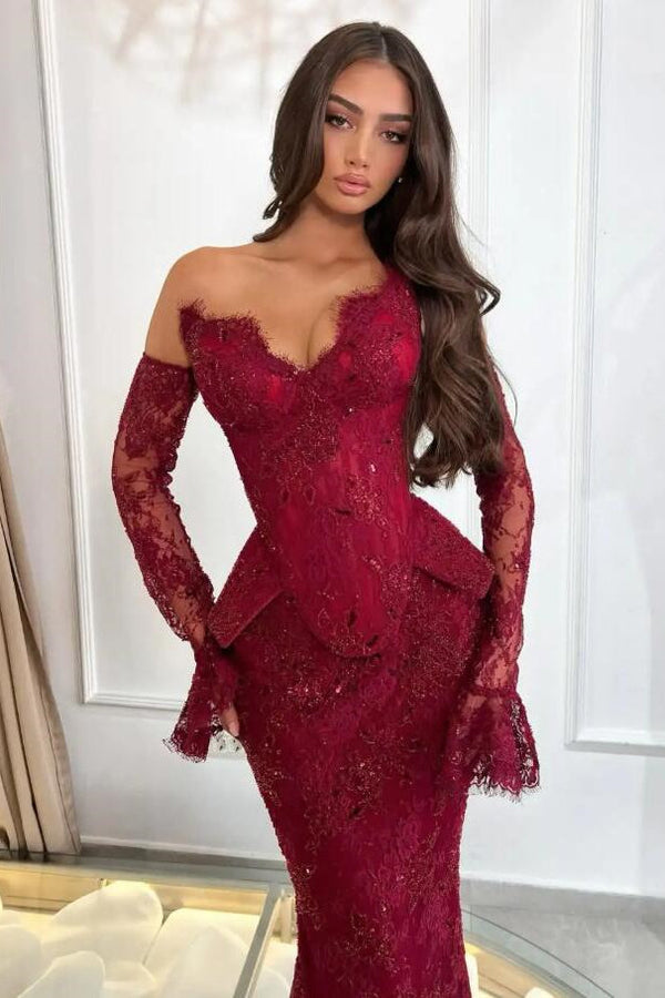 Romantic Burgundy Strapless V-Neck Lace Prom Dresses Mermaid Sheath With Gloves