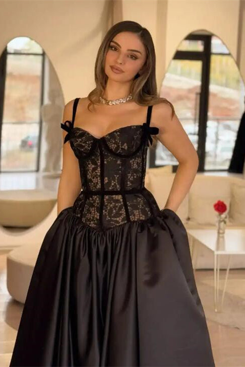 Charming Black Straps Sweetheart Sleeveless Prom Dresses A-Line Long With Pocket