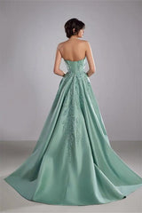 Romantic Tiffany Strapless Sleeveless A-Line Prom Dresses High Split Appliques With Zipper