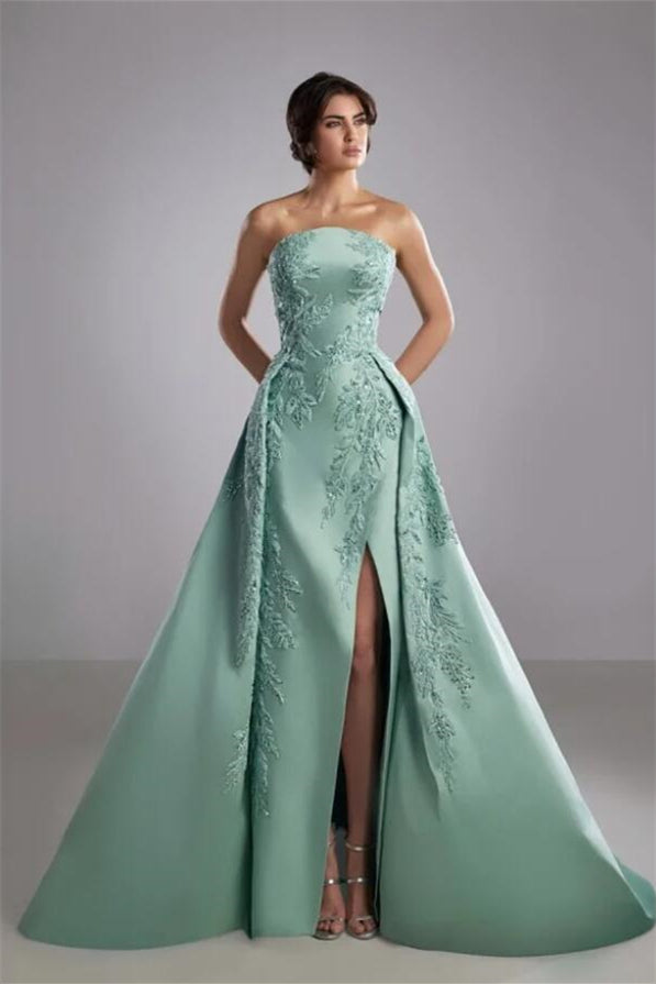 Romantic Tiffany Strapless Sleeveless A-Line Prom Dresses High Split Appliques With Zipper