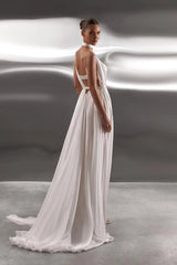 Dreamy White Spaghetti-Straps V-Neck Chiffon Prom Dresses Backless With Pleats