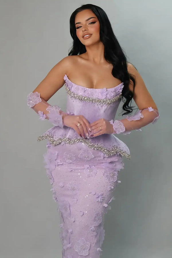 Beautiful Lilac Strapless Mermaid Prom Dress Column Gem With Flower Gloves