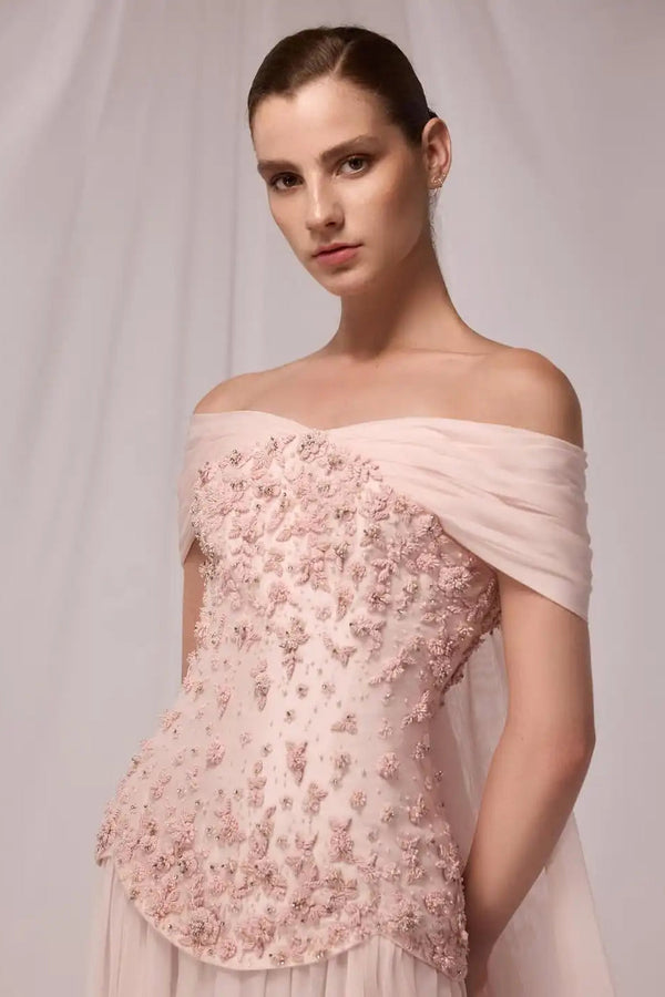 Charming Off-The-Shoulder Chiffon A-Line Prom Dresses Long With Beads Pleats